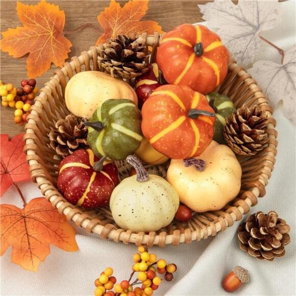 25Pcs Artificial Decor Set Assorted Fall Mini Pumpkin Decorations w Maple Leaves - Picture 5 of 7